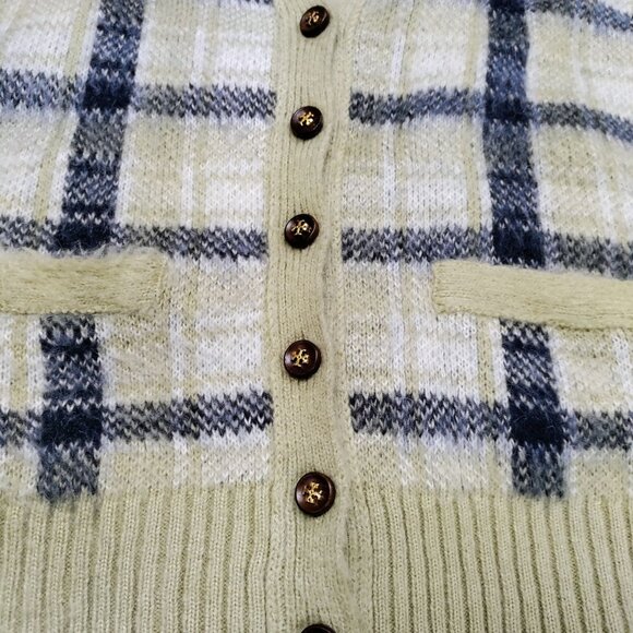 Tory Burch Light Green Mohair-Blend Plaid Brushed Intarsia-Knit Cardigan Medium - Picture 4 of 15
